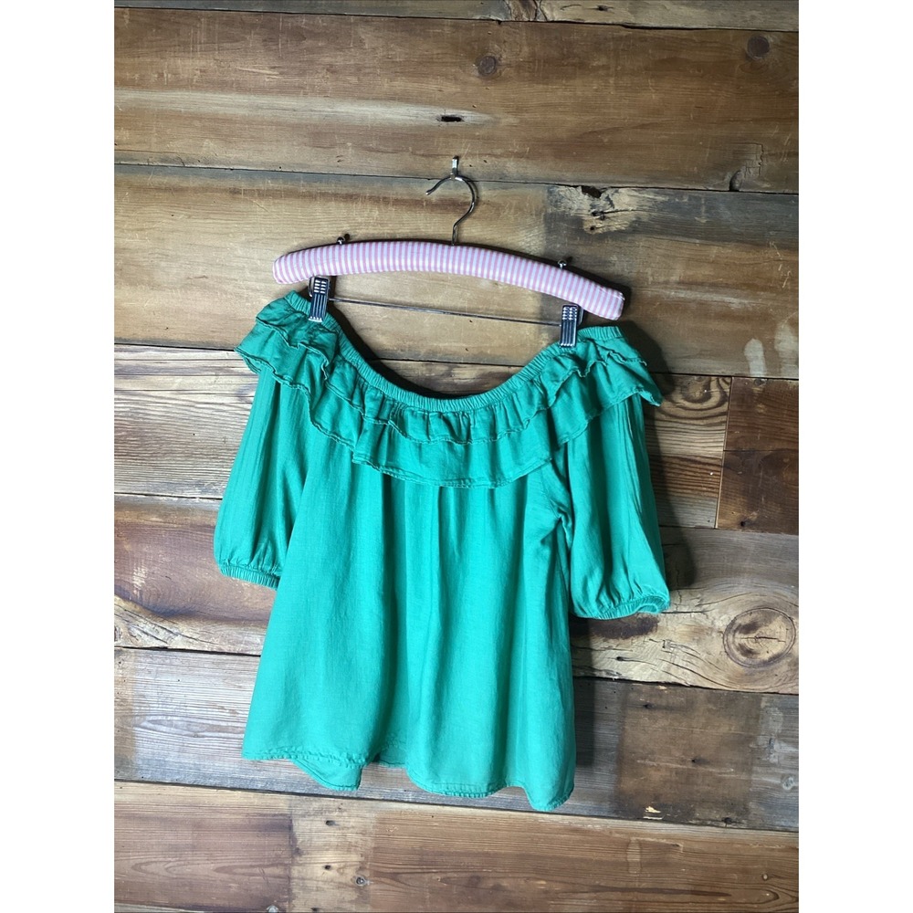 BA&SH Green Tarek Bardot Cotton Twill Top Off Shoulder Puff Slv  Sz 2